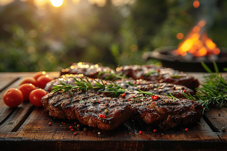 Grilled Beef Steak BBQ. Barbecue Meat Steak outdoor with Vegetables.の素材