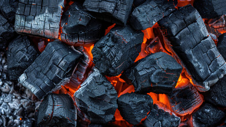 BBQ Grill With Glowing And Flaming Hot Charcoal Briquettes, Food Background Or Texture, Close-Up, Top Viewの素材