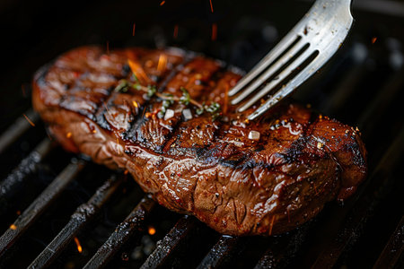 grilling steaks on flaming grill and shot with selective focus. Dark background.の素材