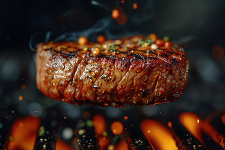 Close-up image of beef medium rare steak slice on a fork on dark background.の素材