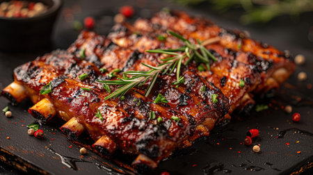 Closeup of pork ribs grilled with BBQ sauce and caramelized in honey. Tasty snack to beer on a wooden Board for filing on dark concrete backgroundの素材