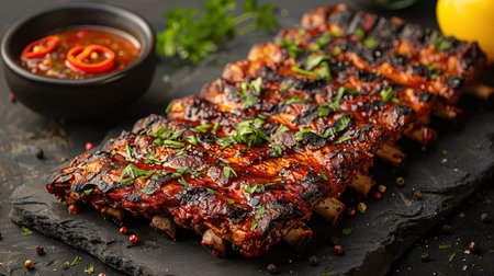 Closeup of pork ribs grilled with BBQ sauce and caramelized in honey. Tasty snack to beer on a wooden Board for filing on dark concrete backgroundの素材