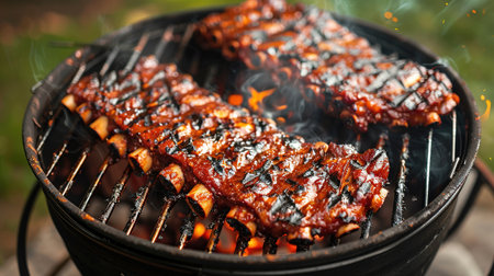 Closeup of pork ribs grilled with BBQ sauce and caramelized in honey. Tasty snack to beer on a wooden Board for filing on dark concrete backgroundの素材