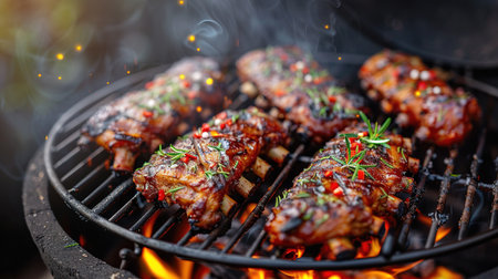 Closeup of pork ribs grilled with BBQ sauce and caramelized in honey. Tasty snack to beer on a wooden Board for filing on dark concrete backgroundの素材