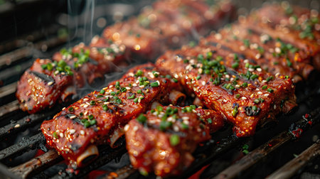 Closeup of pork ribs grilled with BBQ sauce and caramelized in honey. Tasty snack to beer on a wooden Board for filing on dark concrete backgroundの素材