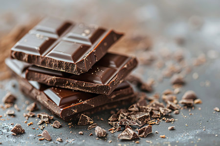 Composition of bars and pieces of different milk and dark chocolate, gratified cocoa on a dark background top view close upの素材