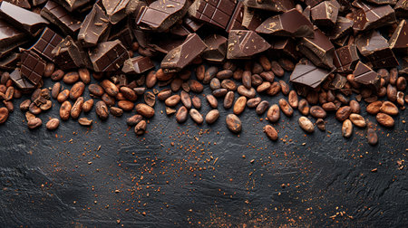 Composition of bars and pieces of different milk and dark chocolate, gratified cocoa on a dark background top view close upの素材