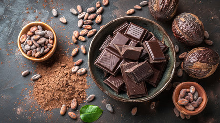 Composition of bars and pieces of different milk and dark chocolate, gratified cocoa on a dark background top view close upの素材