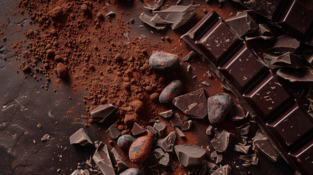 Composition of bars and pieces of different milk and dark chocolate, gratified cocoa on a dark background top view close up, with copy space.の素材