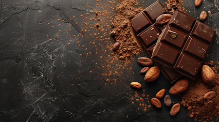 Composition of bars and pieces of different milk and dark chocolate, gratified cocoa on a dark background top view close up, with copy space.の素材
