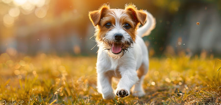 A very little puppy is running happily with floppy ears through a garden with green grass. It almost looks like he can fly.の素材