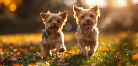 A very little puppy is running happily with floppy ears through a garden with green grass. It almost looks like he can fly.の素材