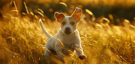 A very little puppy is running happily with floppy ears through a garden with green grass. It almost looks like he can fly.の素材