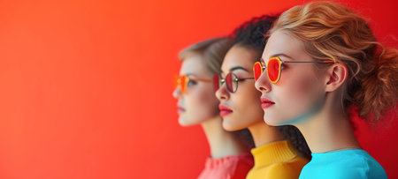 Group of strong independent women standing together in a studio. Diverse women looking at the camera while standing against a studio background. Women of different ages embracing girl power. Beautiful girls of model appearance. Copy Space.の素材