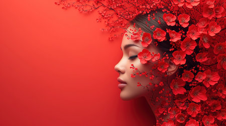 Portrait of a beautiful young girl in flowers on her head on a red background. A postcard for Valentine's Day or International Women's Day. concept of women's beauty and health. A banner with a copy of the space.の素材