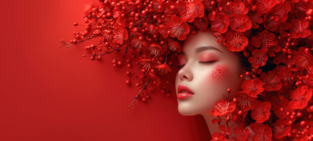 Portrait of a beautiful young Asian girl in flowers on her head on a red background. A postcard for Valentine's Day or International Women's Day. concept of women's beauty and health. A banner with a copy of the space.の素材