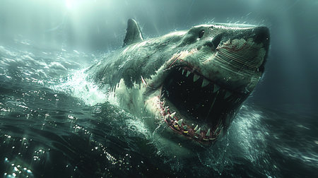 A very scary white shark with an open mouth in the ocean. A cinematic attack by a terrifying white shark.の素材