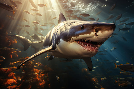 Great white shark with its main four fins swimming under sun rays in the blue Pacific Ocean.の素材