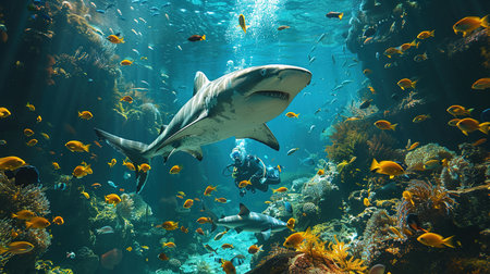 a scuba diver feed a very big tiger shark. concept of travel and diving tools. love for nature and oceans.の素材