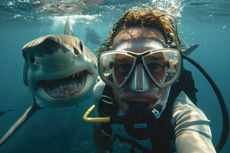 Underwater selfie with friend. Scuba diver and shark in deep sea.の素材