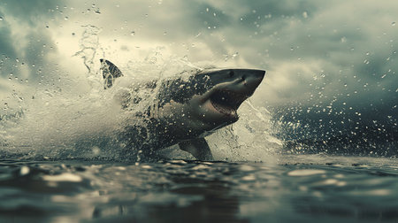 A plus four meter great white shark jumping out of the water with an open mouth full of teeth.の素材