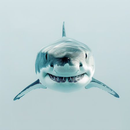 A great white shark isolated on a white background.の素材