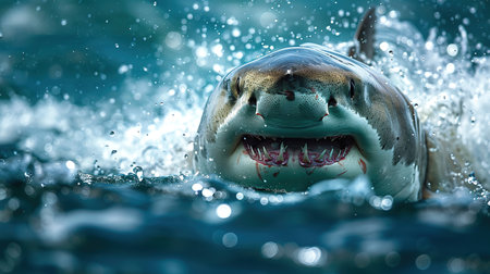 A plus four meter great white shark jumping out of the water with an open mouth full of teeth.の素材