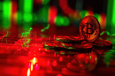 Bitcoin gold coin and defocused chart background. The concept of a bull market and a rise in the price of cryptocurrencies.の素材