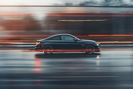 Car driving on freeway at sunset, motion blur.の素材