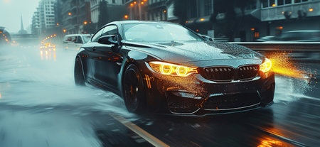 Car driving on freeway at sunset, motion blur.の素材