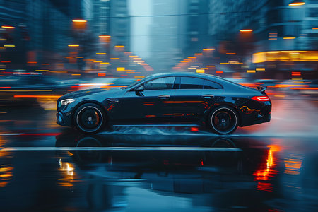 Car driving on freeway at sunset, motion blur.の素材