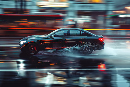 Car driving on freeway at sunset, motion blur.の素材