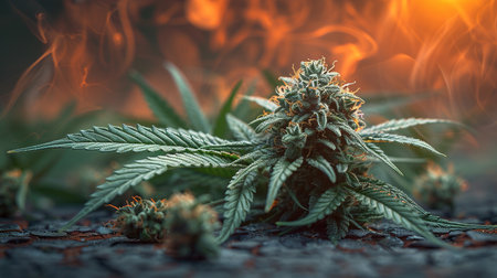 Macro photo of marijuana plant bud with crystals. View from above. Color toned image. Selective focus.の素材