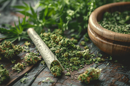 Close-up marijuana joint with trichomes and crushed weed in a grinder for chopping a cannabis on a dark table.の素材