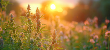 Cannabis or marijuana outdoors plantation growing on the mountains. Wide angle.の素材