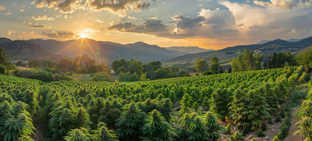 Cannabis or marijuana outdoors plantation growing on the mountains. Wide angle.の素材