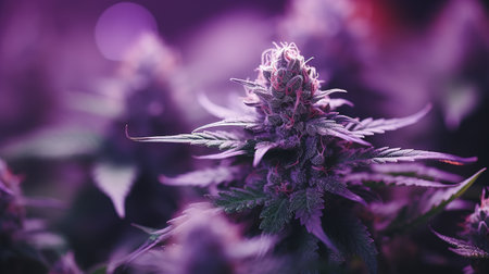 Beautiful cannabis background. Purple Medicinal Marijuana. New aesthetic fashion trendy look of agricultural strain of hemp. Long vibrant banner in purple pink ultraviolet color.の素材