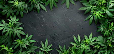 Medicinal marijuana leaf frame on black background.の素材