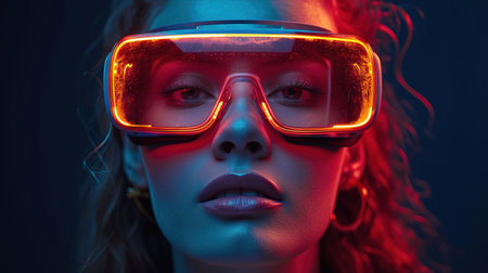 Metaverse technology concept. Excited young woman wearing VR headset with new experience on futuristic purple cyberpunk neon light background. With copy space.の素材