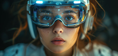 Metaverse technology concept. Excited young woman wearing VR headset with new experience on futuristic purple cyberpunk neon light background. With copy space.の素材