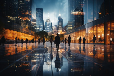 City commuters. High key blurred image of workers going back home after work. Unrecognizable faces, bleached effect.の素材