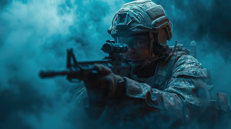 rangers during the military operation. anti terrorism military concept. The American military on the background of the star-spangled American flag. The concept of homeland protection and patriotism.の素材