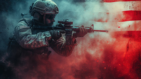 rangers during the military operation. anti terrorism military concept. The American military on the background of the star-spangled American flag. The concept of homeland protection and patriotism.の素材
