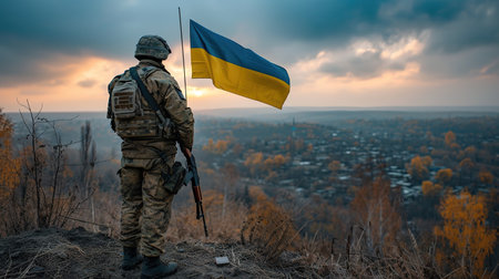 Ukrainian military holds the flag of Ukraine. The concept of victory. The war between Ukraine and Russia.の素材