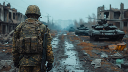 A Ukrainian military man stands in the middle of a destroyed city against the background of military equipment.の素材