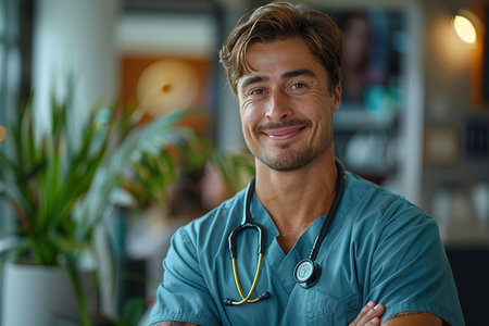 Healthcare, happy doctor and portrait of man in clinic for insurance, wellness and medical service. Cardiologist, hospital and health worker smile with crossed arms for care, consulting and helpの素材