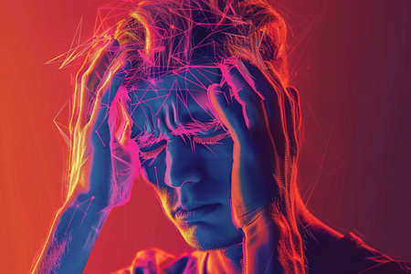 Brain diseases problem cause chronic severe headache migraine. Male adult look tired and stressed out depressed, having mental problem trouble, medical conceptの素材