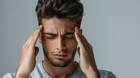 Man suffering from headache, massaging temples to get rid of pain, standing over gray studio background. Young guy having hypertension, feeling stressed or exhaustedの素材