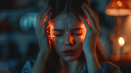 Young woman is suffering from a headache against a dark background. Studio shot.の素材