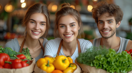 Young smiling happy woman wearing casual clothes shopping at supermaket with craft paper package with groceries hold bag stand at store inside hypermarket. People purchasing gastronomy food concept.の素材